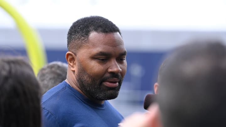 May 11, 2024; Foxborough, MA, USA; New England Patriots head coach Jerod Mayo holds a press conference before practice at the New England Patriots rookie camp at Gillette Stadium.  Mandatory Credit: Eric Canha-USA TODAY Sports