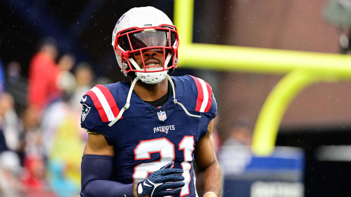 Sep 10, 2023; Foxborough, Massachusetts, USA; New England Patriots safety Adrian Phillips (21) prepares for a game against the Philadelphia Eagles during the warm-up period at Gillette Stadium. Mandatory Credit: Eric Canha-USA TODAY Sports