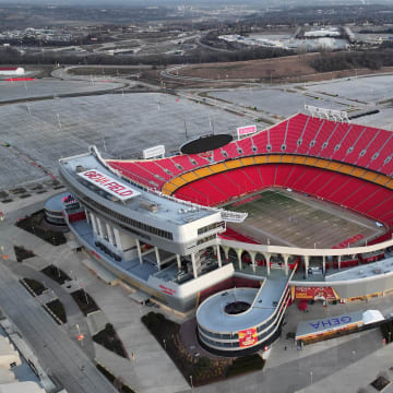 Feb 14, 2024; Kansas City, MO, USA; A general overall aerial view of Arrowhead Stadium (foreground) and Kauffman Stadium at the Truman Sports Complex. Mandatory Credit: Kirby Lee-USA TODAY Sports