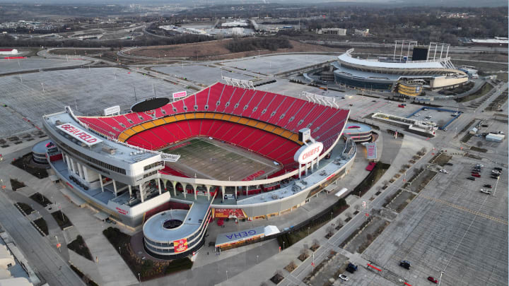 Feb 14, 2024; Kansas City, MO, USA; A general overall aerial view of Arrowhead Stadium (foreground) and Kauffman Stadium at the Truman Sports Complex. Mandatory Credit: Kirby Lee-USA TODAY Sports
