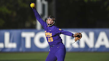 May 10, 2024; Auburn, AL, USA;  LSU Tigers starting pitcher/relief pitcher Sydney Berzon (29) pitches against the Missouri Tigers at Jane B. Moore Field. Mandatory Credit: Julie Bennett-Imagn Images
