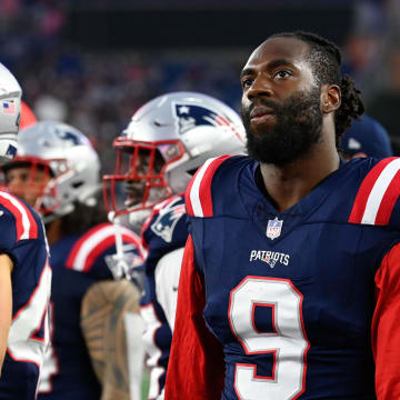 Aug 10, 2023; Foxborough, Massachusetts, USA; New England Patriots linebacker Matthew Judon (9) roams the sideline during the first half against the Houston Texans at Gillette Stadium. Mandatory Credit: Eric Canha-USA TODAY Sports