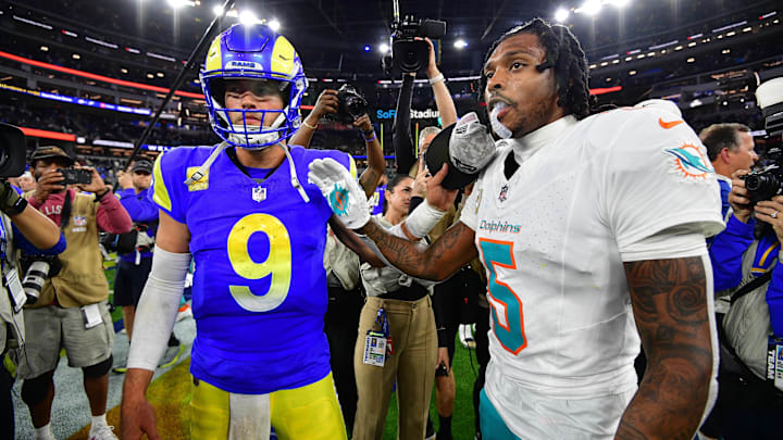 Los Angeles Rams quarterback Matthew Stafford (9) meets with Miami Dolphins cornerback Jalen Ramsey (5) following the game at SoFi Stadium. Los Angeles Rams quarterback Matthew Stafford (9) meets with Miami Dolphins cornerback Jalen Ramsey (5) following the game at SoFi Stadium.