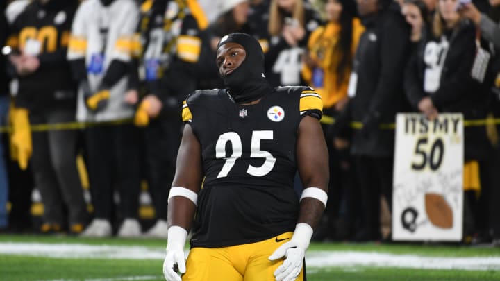 Nov 2, 2023; Pittsburgh, Pennsylvania, USA;  Pittsburgh Steelers defensive lineman Keeanu Benton (95) stretches before playing the Tennessee Titans at Acrisure Stadium. Mandatory Credit: Philip G. Pavely-USA TODAY Sports