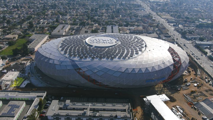 Inglewood, California, USA; A general overall aerial view of the Intuit Dome construction site. The arena will the future home of the LA Clippers and site of the 2026 NBA All-Star Game.  Mandatory Credit: