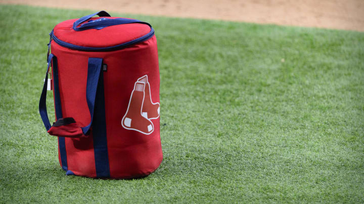 Apr 29, 2021; Arlington, Texas, USA; A view of the Boston Red Sox logo and a field bag during batting practice before the game between the Texas Rangers and the Boston Red Sox at Globe Life Field. Mandatory Credit: Jerome Miron-USA TODAY Sports