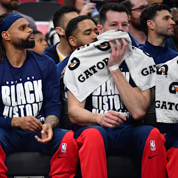 Feb 4, 2025; Inglewood, California, USA; Los Angeles Clippers guard Patty Mills (88) watches game action against the Los Angeles Lakers during the first half at Intuit Dome. Mandatory Credit: Gary A. Vasquez-Imagn Images