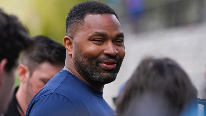 May 11, 2024; Foxborough, MA, USA; New England Patriots head coach Jerod Mayo holds a press conference before practice at the New England Patriots rookie camp at Gillette Stadium.  Mandatory Credit: Eric Canha-USA TODAY Sports