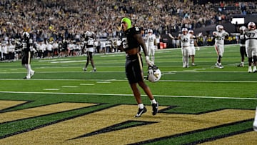Vanderbilt safety Randon Fontenette (2) celebrates after defeating Auburn in overtime at FirstBank Stadium in Nashville, Tenn., Saturday, Nov. 8, 2025.