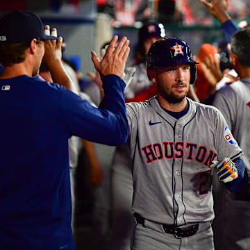 Sep 13, 2024; Anaheim, California, USA; Houston Astros third baseman Alex Bregman is greeted after hitting a home run.