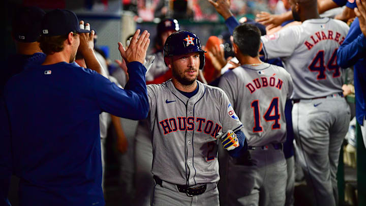 Sep 13, 2024; Anaheim, California, USA; Houston Astros third baseman Alex Bregman is greeted after hitting a home run.