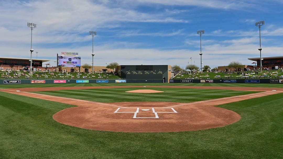 Mar 12, 2024; Salt River Pima-Maricopa, Arizona, USA;  General view of the field prior to a spring training game between the Colorado Rockies and the Kansas City Royals at Salt River Fields at Talking Stick. Mandatory Credit: Matt Kartozian-Imagn Images