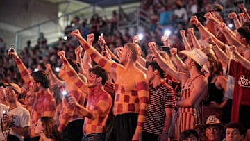 Sep 21, 2024; Tallahassee, Florida, USA; Florida State Seminoles fans before the start of the fourth quarter against the California Golden Bears at Doak S. Campbell Stadium. Mandatory Credit: Melina Myers-Imagn Images