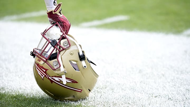 Florida State Seminoles helmet during the Spring Showcase at Doak S. Campbell Stadium. Florida State Seminoles helmet during the Spring Showcase at Doak S. Campbell Stadium.
