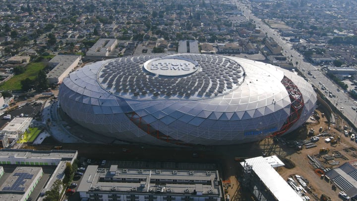 A general overall aerial view of the Intuit Dome construction site. The arena will the future home of the LA Clippers and site of the 2026 NBA All-Star Game.  Mandatory Credit: