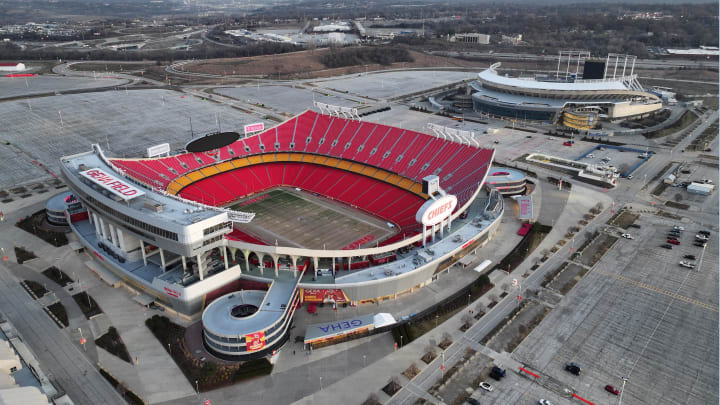 Feb 14, 2024; Kansas City, MO, USA; A general overall aerial view of Arrowhead Stadium (foreground)