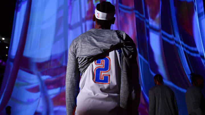 Mar 4, 2024; Los Angeles, California, USA; Oklahoma City Thunder guard Shai Gilgeous-Alexander (2) before playing against the Los Angeles Lakers at Crypto.com Arena. Mandatory Credit: Gary A. Vasquez-USA TODAY Sports