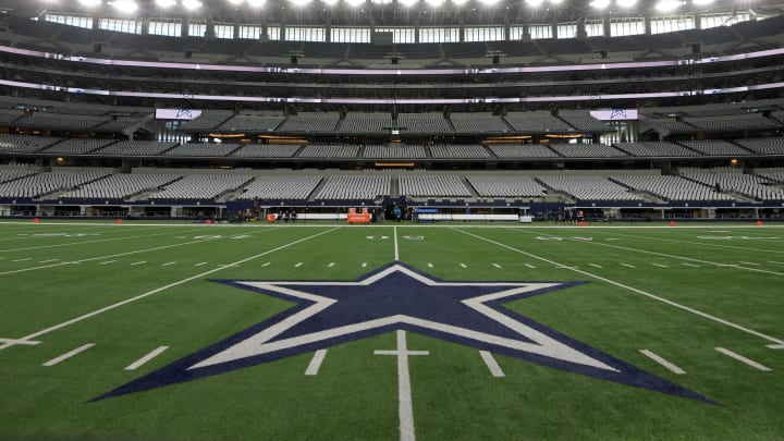 Nov 30, 2017; Arlington, TX, USA; General overall view of the Dallas Cowboys logo at midfield during an NFL football game between the Washington Redskins and the Cowboys at AT&T Stadium. Mandatory Credit: Kirby Lee-USA TODAY Sports