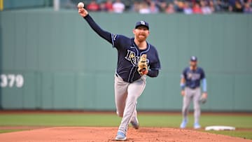 Boston, Massachusetts, USA;  Tampa Bay Rays starting pitcher Zack Littell (52) pitches against the Boston Red Sox during the first inning at Fenway Park.