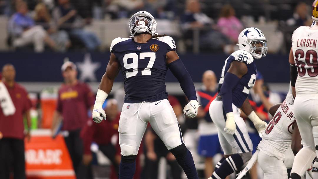 Nov 23, 2023; Arlington, Texas, USA; Dallas Cowboys defensive tackle Osa Odighizuwa (97) celebrates a sack in the second half against the Washington Commanders at AT&T Stadium. Mandatory Credit: Tim Heitman-Imagn Images Nov 23, 2023; Arlington, Texas, USA; Dallas Cowboys defensive tackle Osa Odighizuwa (97) celebrates a sack in the second half against the Washington Commanders at AT&T Stadium. Mandatory Credit: Tim Heitman-Imagn Images