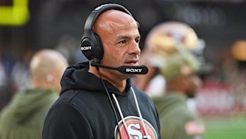 Nov 16, 2025; Glendale, Arizona, USA; San Francisco 49ers defensive coordinator Robert Saleh looks on in the third quarter against the Arizona Cardinals at State Farm Stadium. Mandatory Credit: Matt Kartozian-Imagn Images