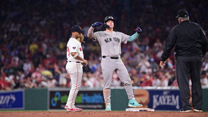 Jul 28, 2024; Boston, Massachusetts, USA; New York Yankees right fielder Alex Verdugo (24) reacts to hitting a double against the Boston Red Sox during the seventh inning at Fenway Park. Mandatory Credit: Eric Canha-USA TODAY Sports