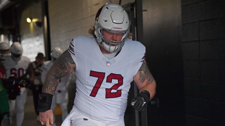 Dec 31, 2023; Philadelphia, Pennsylvania, USA;  Arizona Cardinals guard Hjalte Froholdt (72) in the tunnel before game against the Philadelphia Eagles at Lincoln Financial Field. Mandatory Credit: Eric Hartline-USA TODAY Sports