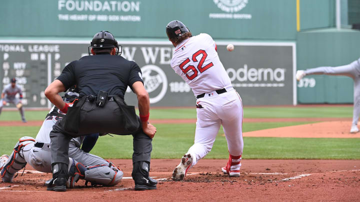 Jun 2, 2024; Boston, Massachusetts, USA;  Boston Red Sox right fielder Wilyer Abreu (52) hits a double against the Detroit Tigers during the first inning at Fenway Park. Mandatory Credit: Eric Canha-USA TODAY Sports