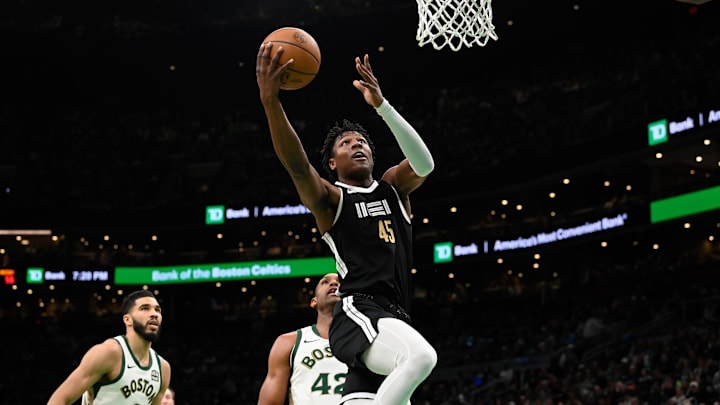 Feb 4, 2024; Boston, Massachusetts, USA; Memphis Grizzlies forward GG Jackson (45) shoots the ball against the Boston Celtics during the second half at TD Garden. Mandatory Credit: Eric Canha-USA TODAY Sports