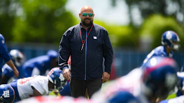 May 10, 2025; East Rutherford, NJ, USA; New York Giants head coach Brian Daboll looks on during rookie minicamp at Quest Diagnostics Training Center. Mandatory Credit: John Jones-Imagn Images