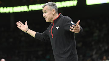 Jan 31, 2024; Charlotte, North Carolina, USA;  Chicago Bulls head coach Billy Donovan reacts during the second half against the Charlotte Hornets at the Spectrum Center. Mandatory Credit: Sam Sharpe-Imagn Images