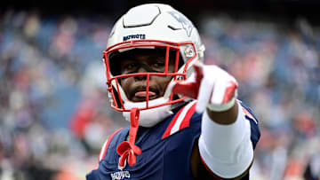 Dec 17, 2023; Foxborough, Massachusetts, USA; New England Patriots safety Jabrill Peppers (5) warms up before a game against the Kansas City Chiefs  at Gillette Stadium. Mandatory Credit: Eric Canha-Imagn Images