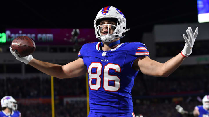 Oct 26, 2023; Orchard Park, New York, USA; Buffalo Bills tight end Dalton Kincaid (86) celebrates scoring a touchdown against the Tampa Bay Buccaneers in the second quarter at Highmark Stadium. Mandatory Credit: Mark Konezny-USA TODAY Sports