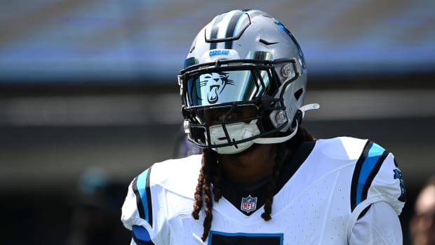 Carolina Panthers linebacker Shaq Thompson (7) during pregame. Credit: Bob Donnan-USA TODAY Sports