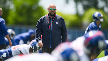 May 10, 2025; East Rutherford, NJ, USA; New York Giants head coach Brian Daboll looks on during rookie minicamp at Quest Diagnostics Training Center.  