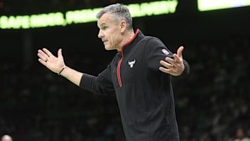 Jan 31, 2024; Charlotte, North Carolina, USA;  Chicago Bulls head coach Billy Donovan reacts during the second half against the Charlotte Hornets at the Spectrum Center. Mandatory Credit: Sam Sharpe-Imagn Images