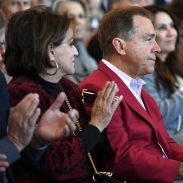 Jan 13, 2024; Tuscaloosa, AL, USA; The University of Alabama introduced new head football coach Kalen DeBoer with a press conference at Bryant-Denny Stadium. Terry Saban and former Alabama head coach Nick Saban listen to the press conference.