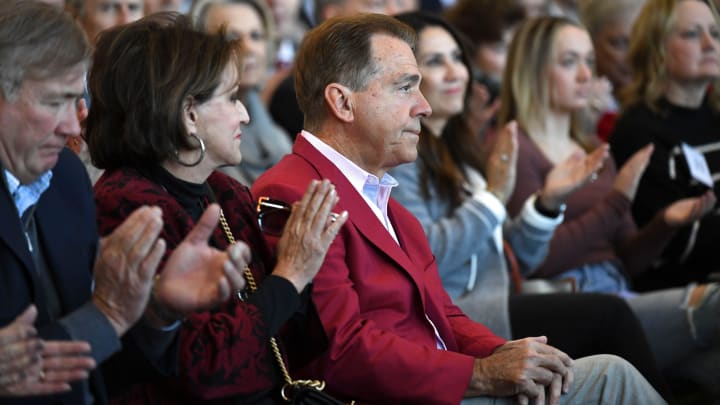 Jan 13, 2024; Tuscaloosa, AL, USA; The University of Alabama introduced new head football coach Kalen DeBoer with a press conference at Bryant-Denny Stadium. Terry Saban and former Alabama head coach Nick Saban listen to the press conference.