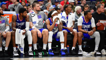 Mar 12, 2024; Los Angeles, California, USA; Los Angeles Clippers bench watches game action against the Minnesota Timberwolves  during the second half at Crypto.com Arena. Mandatory Credit: Gary A. Vasquez-USA TODAY Sports