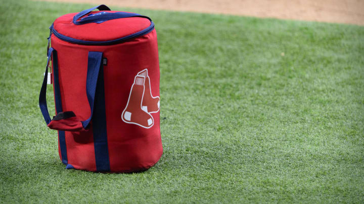 Apr 29, 2021; Arlington, Texas, USA; A view of the Boston Red Sox logo and a field bag during batting practice before the game between the Texas Rangers and the Boston Red Sox at Globe Life Field. Mandatory Credit: Jerome Miron-USA TODAY Sports