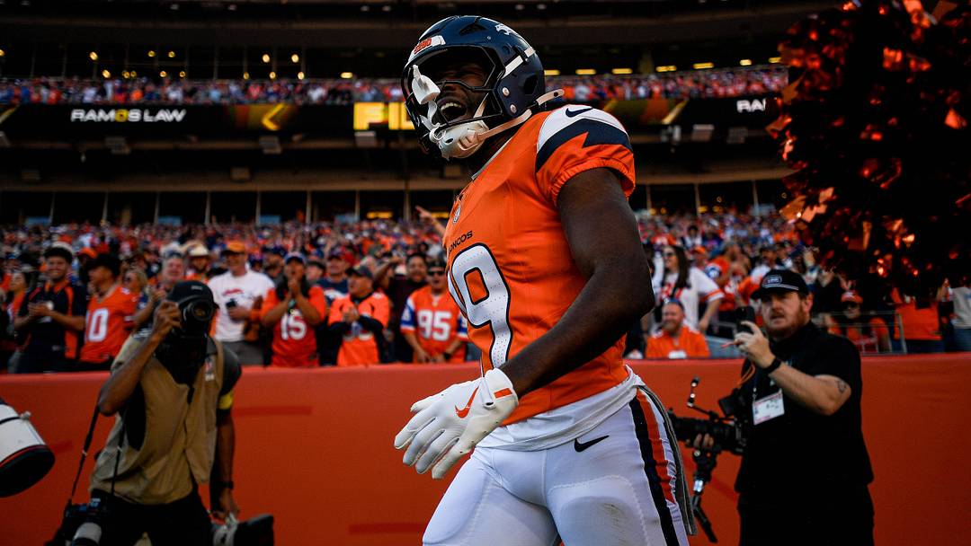 DENVER, CO - NOVEMBER 16: Denver Broncos wide receiver Marvin Mims Jr. (19) celebrates a punt return during a game between the Kansas City Chiefs and the Denver Broncos at Empower Field at Mile High on November 16, 2025 in Denver, Colorado. 