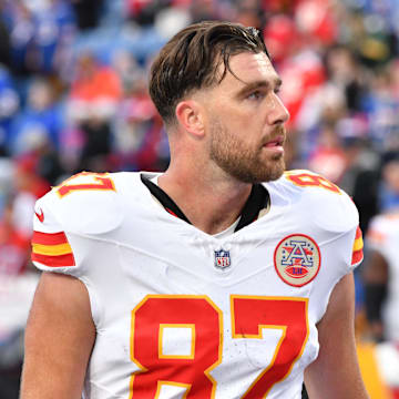 Nov 17, 2024; Orchard Park, New York, USA; Kansas City Chiefs tight end Travis Kelce (87) leaves the field after warm ups before a game against the Buffalo Bills at Highmark Stadium. Mandatory Credit: Mark Konezny-Imagn Images