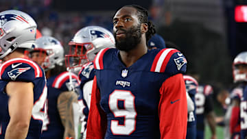 Aug 10, 2023; Foxborough, Massachusetts, USA; New England Patriots linebacker Matthew Judon (9) roams the sideline during the first half against the Houston Texans at Gillette Stadium. Mandatory Credit: Eric Canha-USA TODAY Sports
