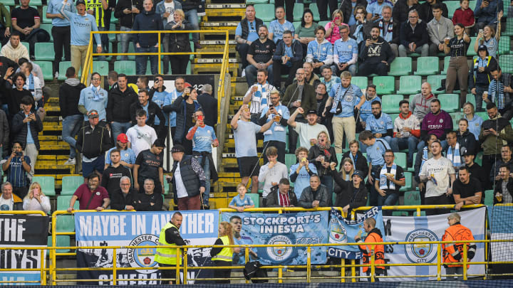 Man City fans in the away end at the Jan Breydel Stadium