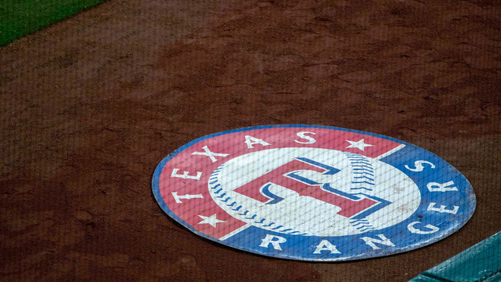 Sep 3, 2018; Arlington, TX, USA; A view of the Texas Rangers logo and batters circle during the game between the Texas Rangers and the Los Angeles Angels at Globe Life Park in Arlington. 