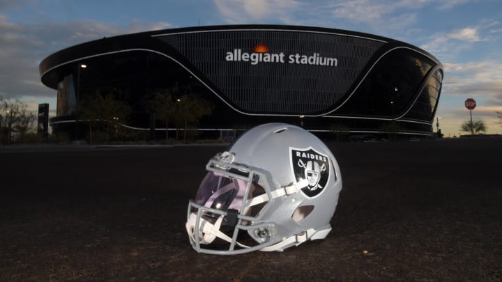 Dec 26, 2020; Paradise, Nevada, USA; A general view of a Las Vegas Raiders helmet outside of Allegiant Stadium  before the game against the Miami Dolphins. Mandatory Credit: Kirby Lee-USA TODAY Sports