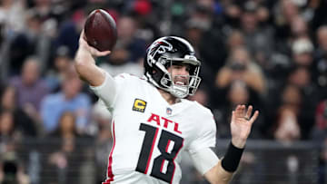 Dec 16, 2024; Paradise, Nevada, USA; Atlanta Falcons quarterback Kirk Cousins (18) throws the ball against the Las Vegas Raiders in the first half at Allegiant Stadium. Mandatory Credit: Kirby Lee-Imagn Images