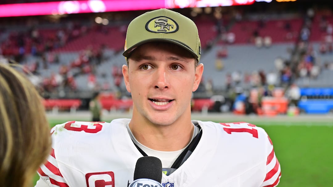 San Francisco 49ers quarterback Brock Purdy (13) is interviewed after the game against the Arizona Cardinals at State Farm Stadium.