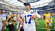 Oct 19, 2025; Inglewood, California, USA; Indianapolis Colts quarterback Daniel Jones (17) looks on after the game against the Los Angeles Chargers at SoFi Stadium. Mandatory Credit: Gary A. Vasquez-Imagn Images
