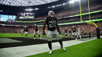 Las Vegas Raiders running back Josh Jacobs (28) celebrates his touchdown during a win at home.